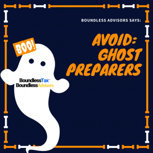 Graphic with a ghost and avoid ghost preparers by Boundless Advisors